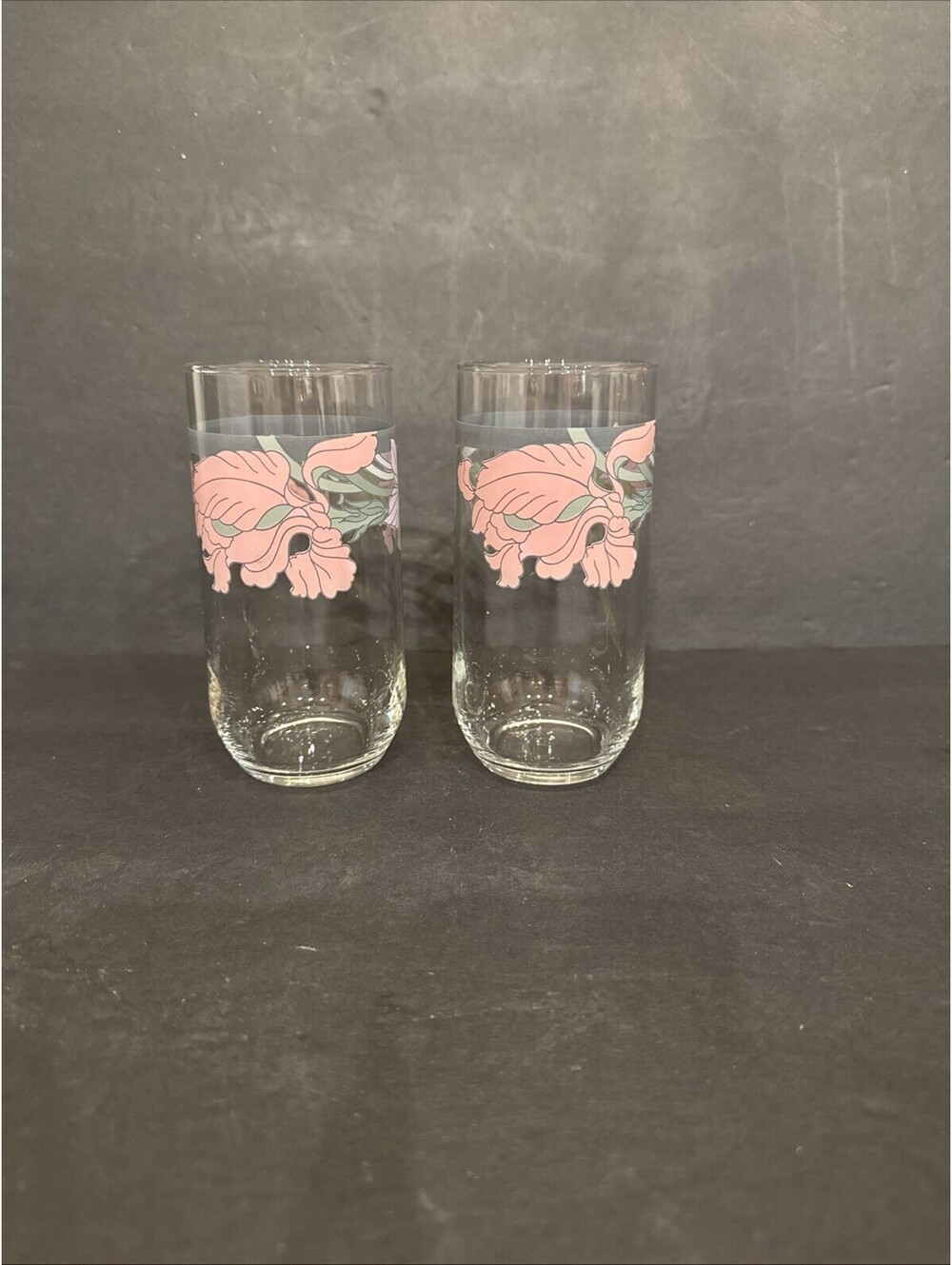 Vintage (2) Libbey Pink Orchid Purple Iris Water Iced Tea Tumbler Glasses 5 5/8”